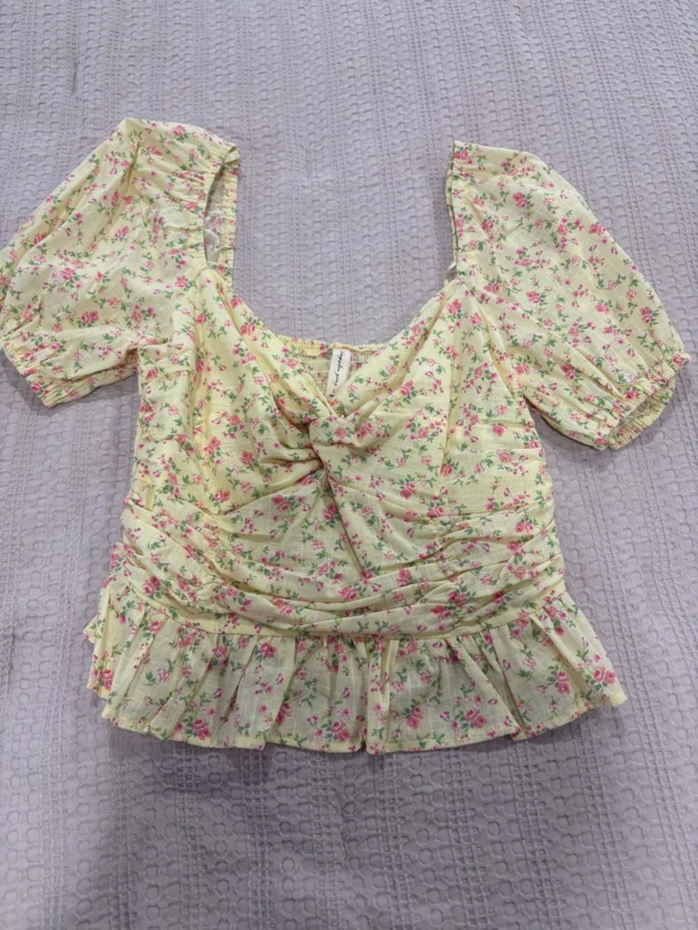 Sweetheart-Neck Puff-Sleeve Yellow Floral Printed Top NWT Size L